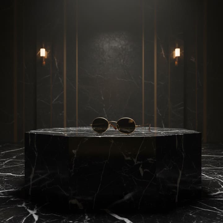 Lunettes présentées sur un socle noir premium